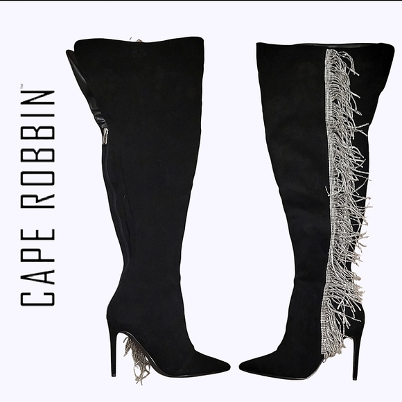 COBIN ROBBINS Blk w/Silver Fringe Rhinestones | Over Knee | Faux Suede Boots NWT - Picture 5 of 9